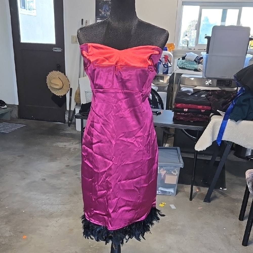 Torrid Strapless Fuschia Dress with Black Feather Hemline Trim